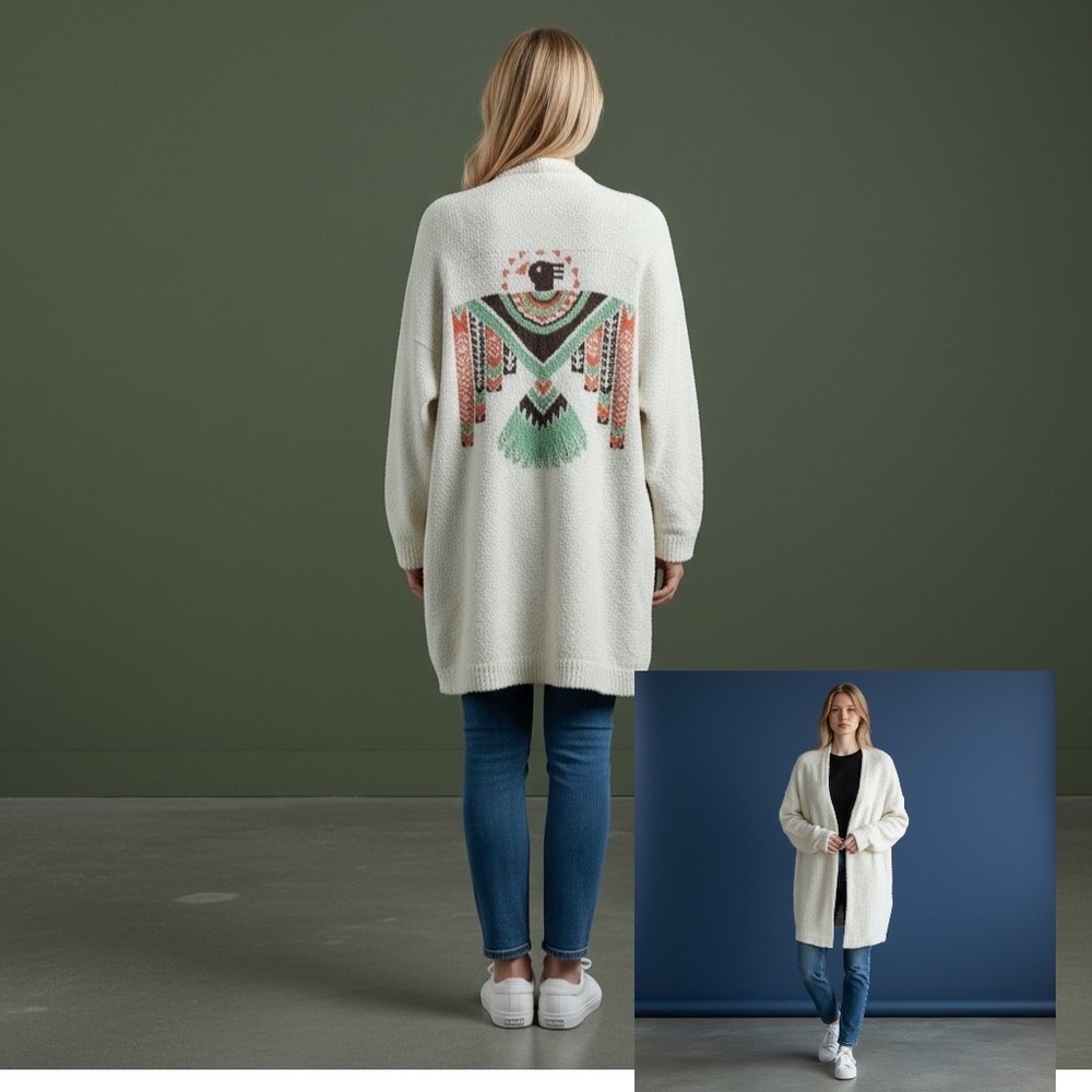 Blakeley Womens Cream Popcorn Knit Thunderbird Graphic Longline Cardigan‎ PS